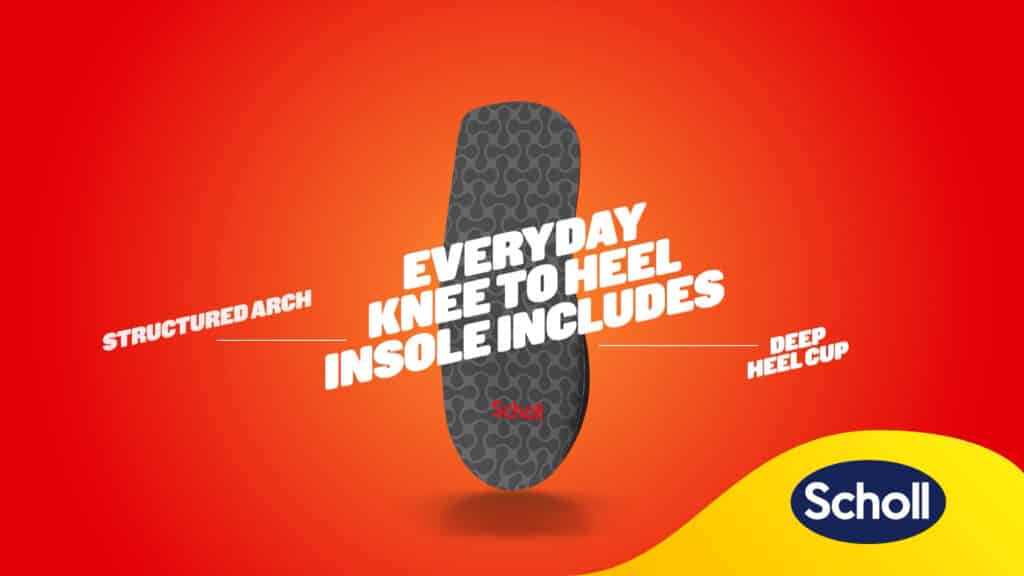 A shoe insole on a red background with white text and a yellow scholl logo in the bottom right corner. Screenshot from an animation video