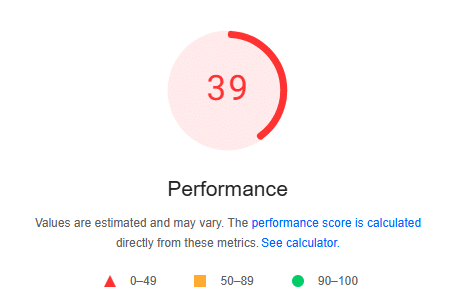 Poor Page Speed Performance Score of 39 from PageSpeed Insights
